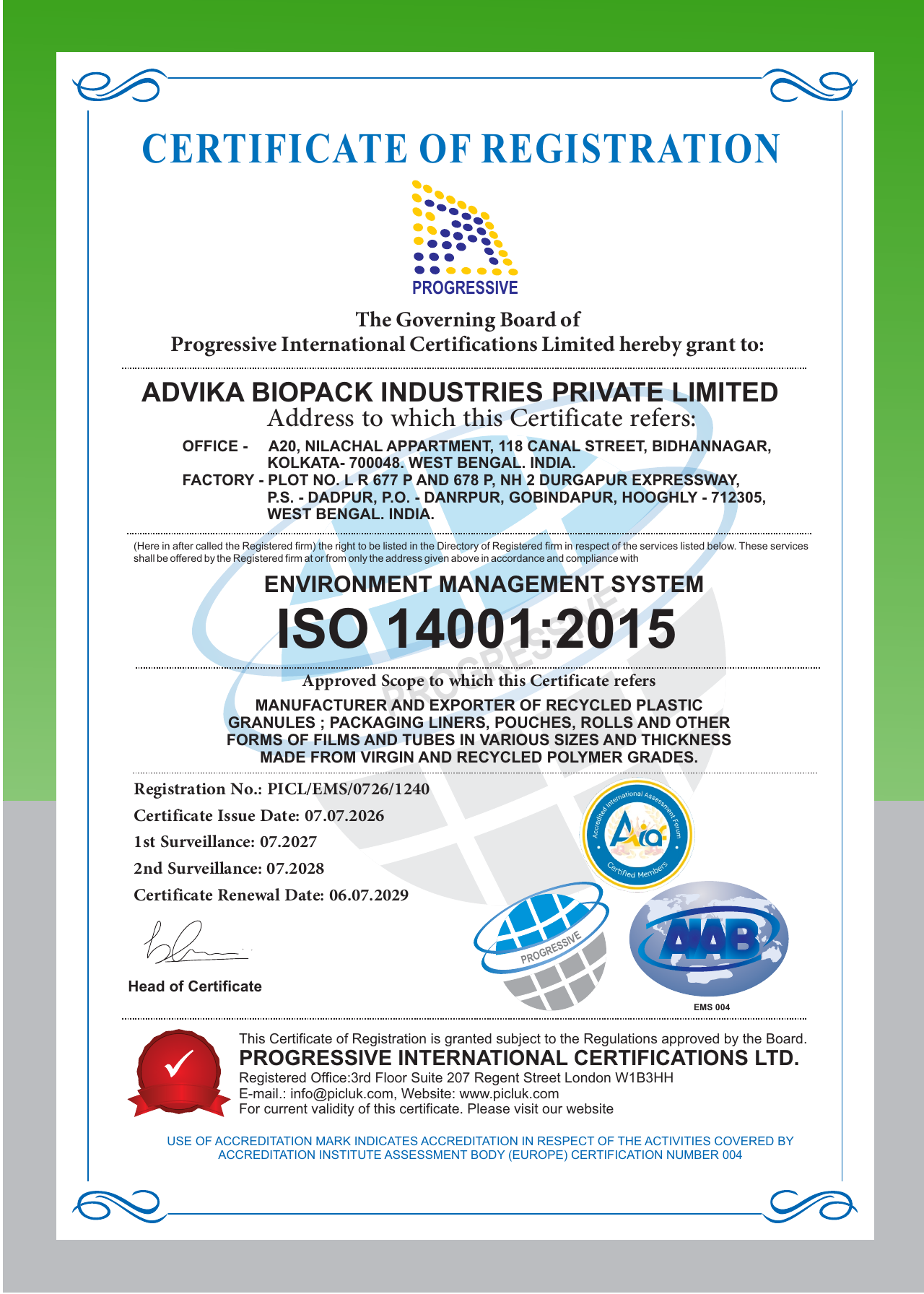 ISO 14001:2015 certificate preview