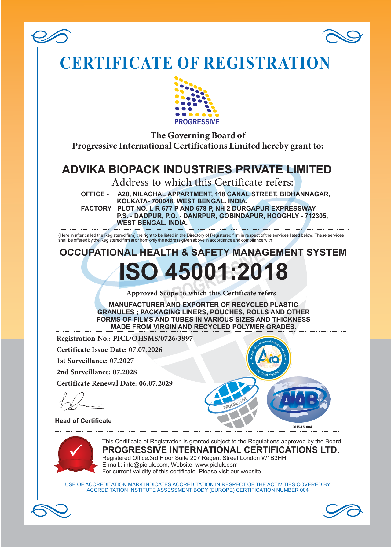 ISO 45001:2018 certificate preview
