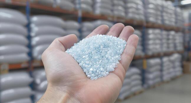 Light plastic granules held in hand inside a warehouse