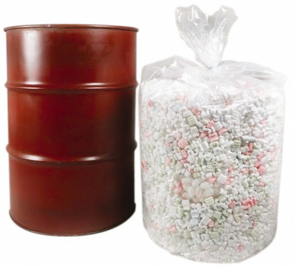 Plastic granules packed in a lined bag near a drum